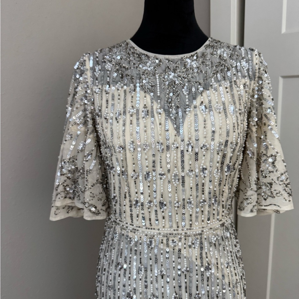 New Mac Duggal Silver Flounce Sleeve Midi Dress 5579 Size 4 - Picture 5 of 11